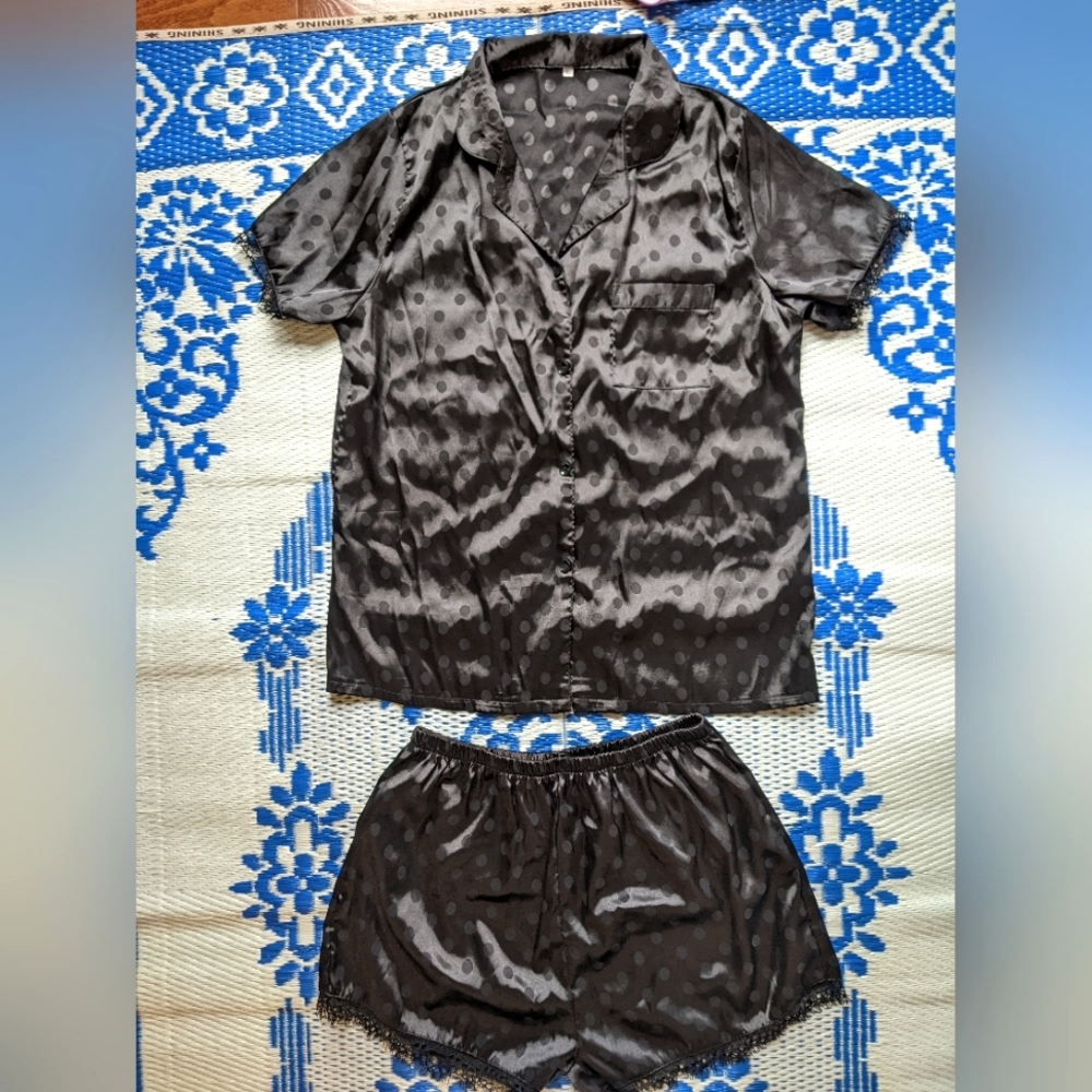 Silky Satin Black Polka Dot Short Sleeve Button Up and Shorts Set with Lace Trim